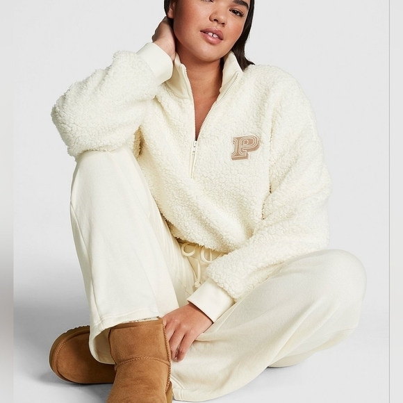 Victoria's Secret PINK Cozy Fleece Half-Zip Pullover Size Small Cream - Picture 1 of 8